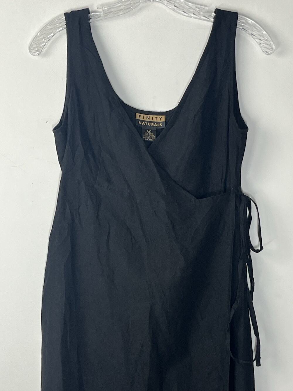 Finity Naturals Linen Blend Midi Wrap Dress 4 Black V Neck Sleeveless Minimalist